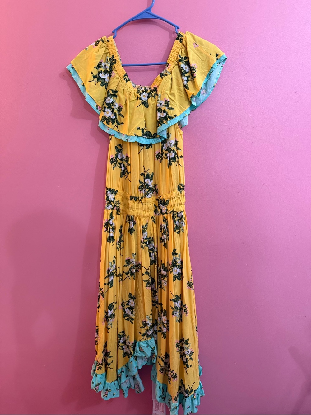 Matilda Jane Yellow Floral Smocked Off-Shoulder Dress with Green Leaf Print